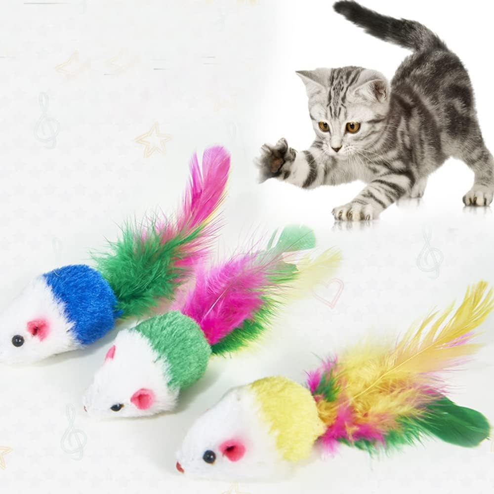 10 Furry Pet Cats, Toy Mice, Cat Toy Mice, Cat Pet Toys, Feather Tails, Interactive Cat Toys for Indoor Cats and Kittens (10 Feather Mice)