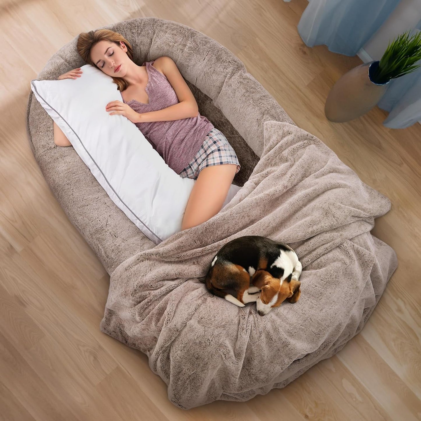 Human Dog Bed for Adults with Fluffy Blanket & Full Body Pillow, Comfy Giant Dog Bed for Humans, Pets Kids and Families, People Size Beanbag Orthopedic Nap Bed (Brown, Medium 67"38"X12")