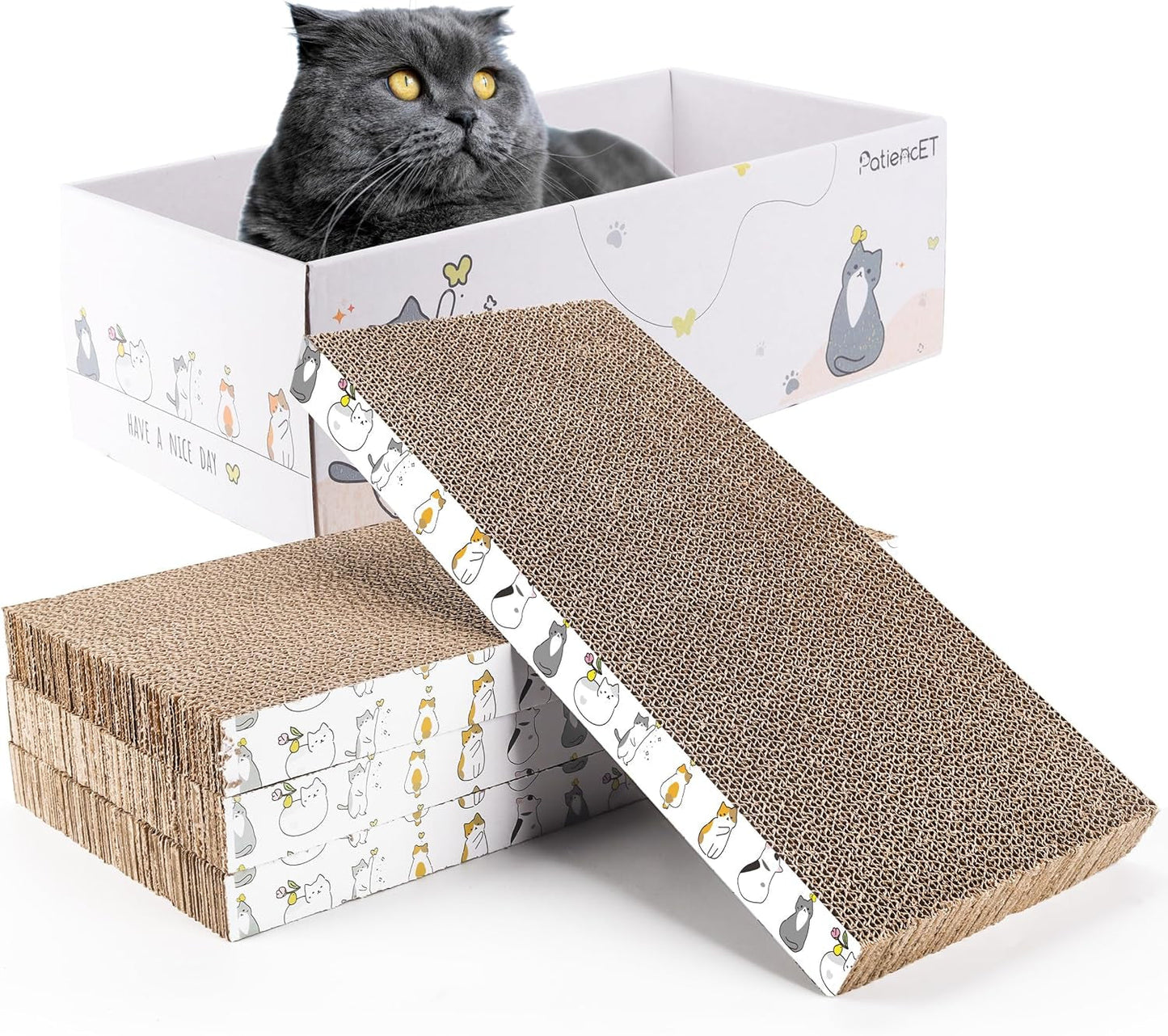 4 Pack Cat Scratch Pad with Box, Cardboard Cat Scratcher for Indoor Cats, Reversible Scratcher with Catnips Box Bed Desigh for Small Medium Cat Kitten, Scratching Board for Cats