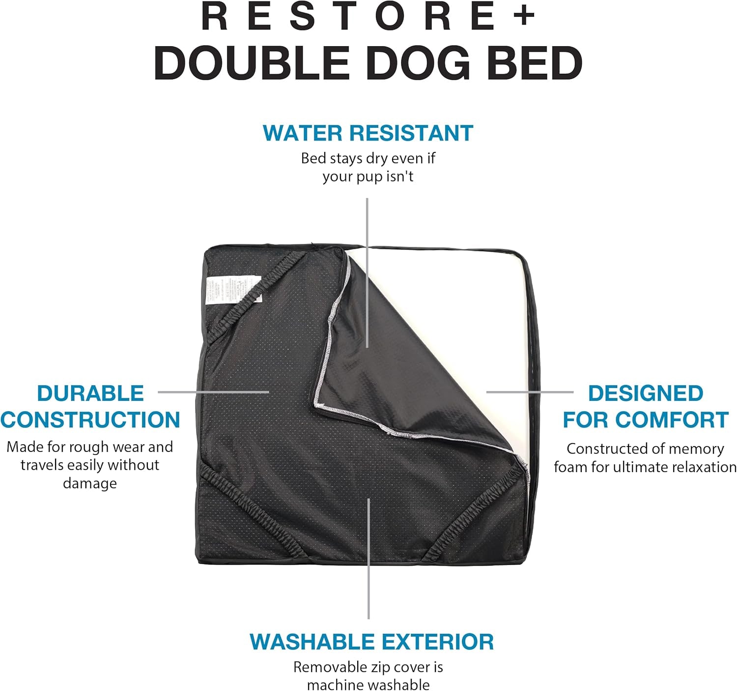 Blue-9 Pet Products Restore+ Double Dog Bed, Durable, Water Resistant, and Washable Design, 24” X 48”