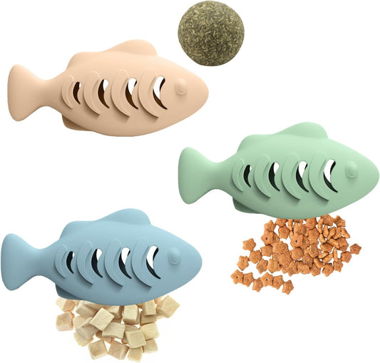 3 Pcs Cat Treat Toys, Fish Shape Food-Grade Silicone Meal Dispenser, Used with Food or Catnip for Kitten, Interactive Cat Toy