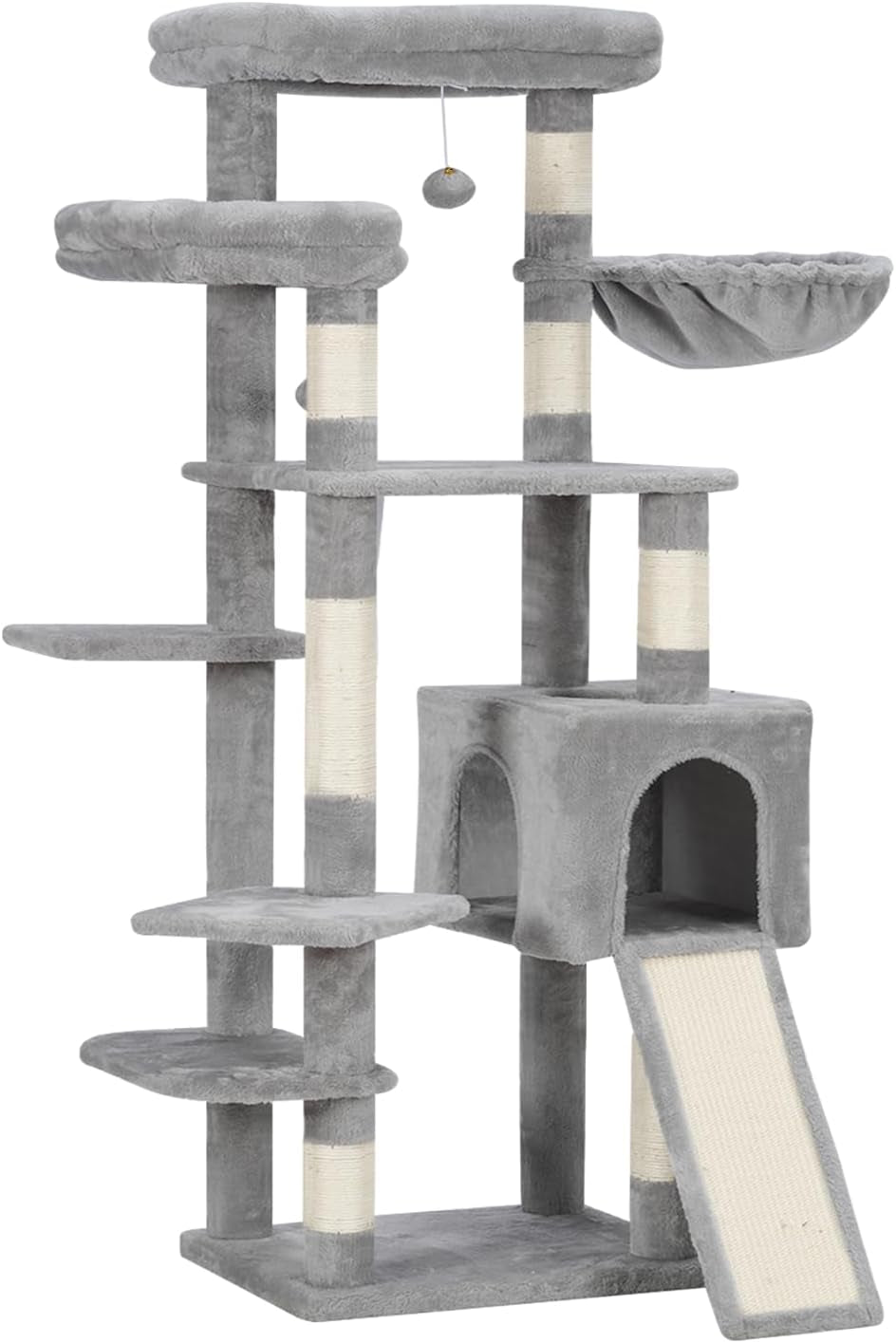 Hey-Brother Cat Tree for Indoor Cats, 62.6" Cat Tower with Scratching Post, Cat Condo with Two Large Platforms, Hammock, Big Scratcher, Smoky Gray MPJ029G