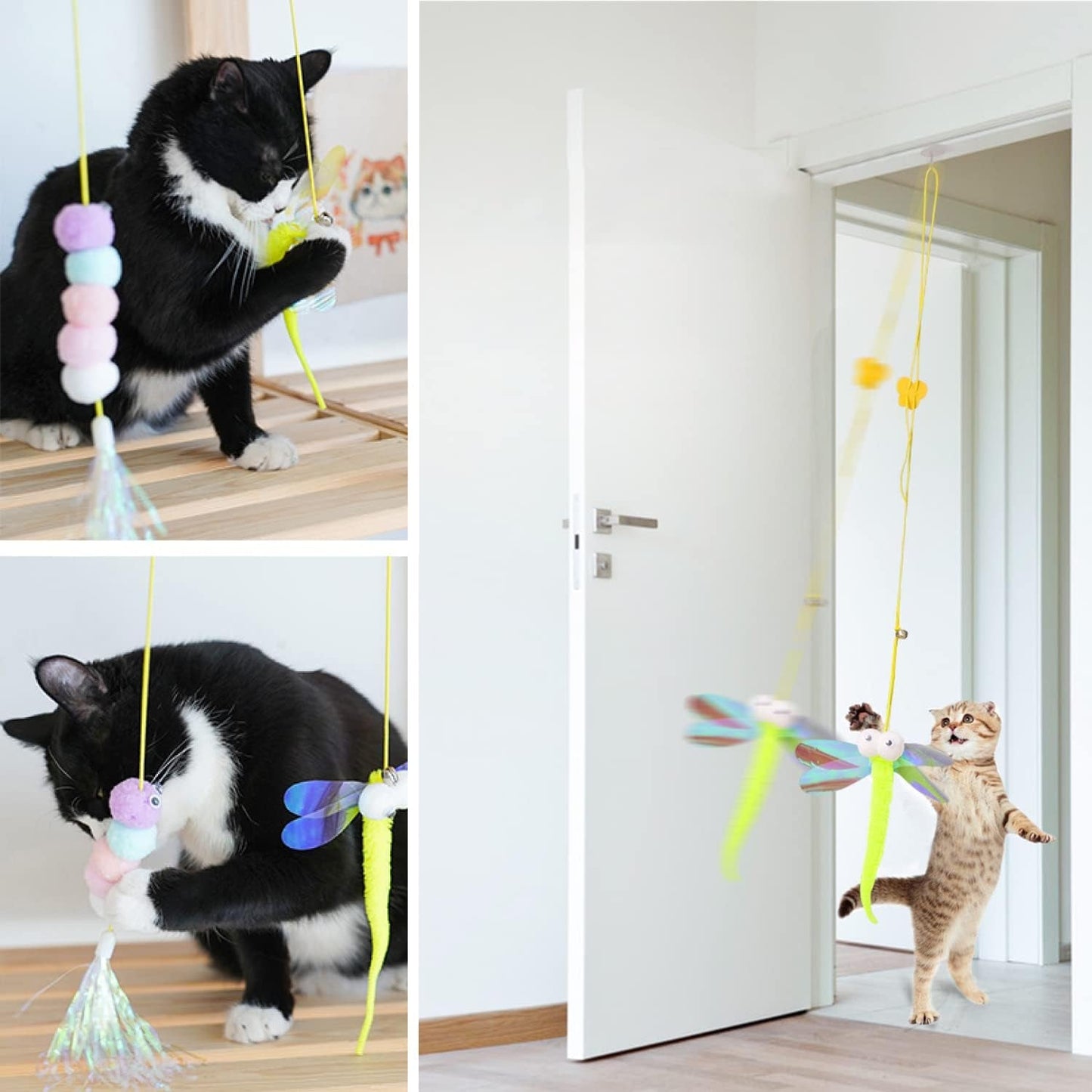 3 Pcs Butterfly Worm Interactive Cat Feather Teaser Toys, Adhesive Hook Door Hanging Toy for Indoor Cats Kitty Play Chase Exercise, Exercise Kitten Toys - Dragonfly/Tassels Worm (Feather Worm Toys)