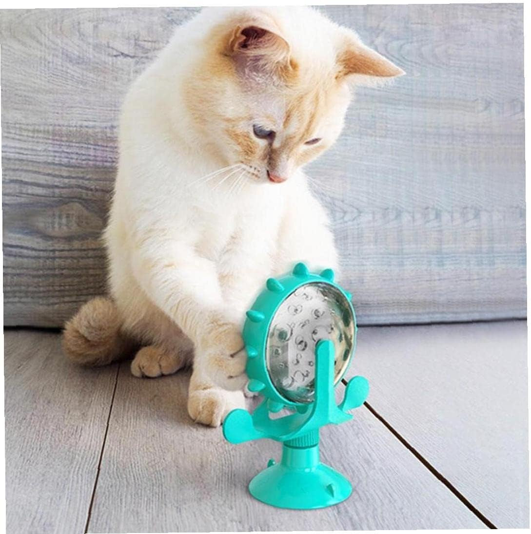 2 in 1 Cat Toy, Interactive Cat Food Dispensing Cat Feeder Toy with 360 Degree Rotating Wheel Suction Cup for Pet