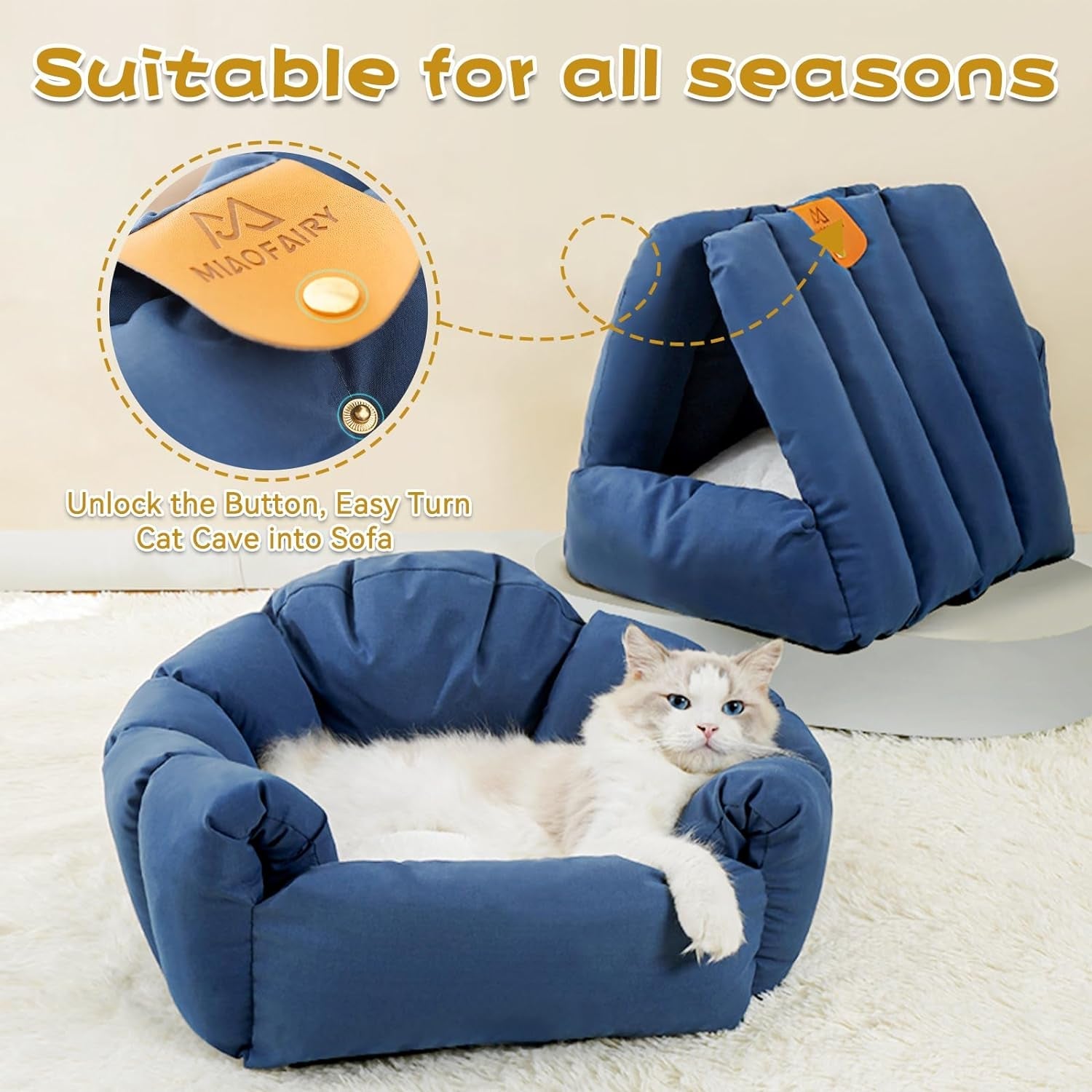 Cat Bed, Dual-Use Cat House, Cozy Enclosed Cat Tent with Cover, Hooded Cat Hut with Fluffy Removable Plush Cushion, Washable Pet Bed, Small Dogs, Puppy, Kitten, Rabbit, Warm for Winter, Blue