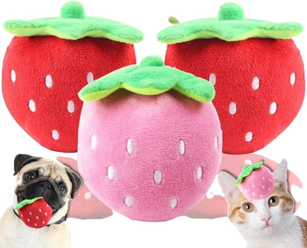 3 PCS Strawberry Style Squeaky Plush Dog Toys - Small Breed Puppy Chew Toys - Chewing Toys for Dogs - Small Dog Plush Toys