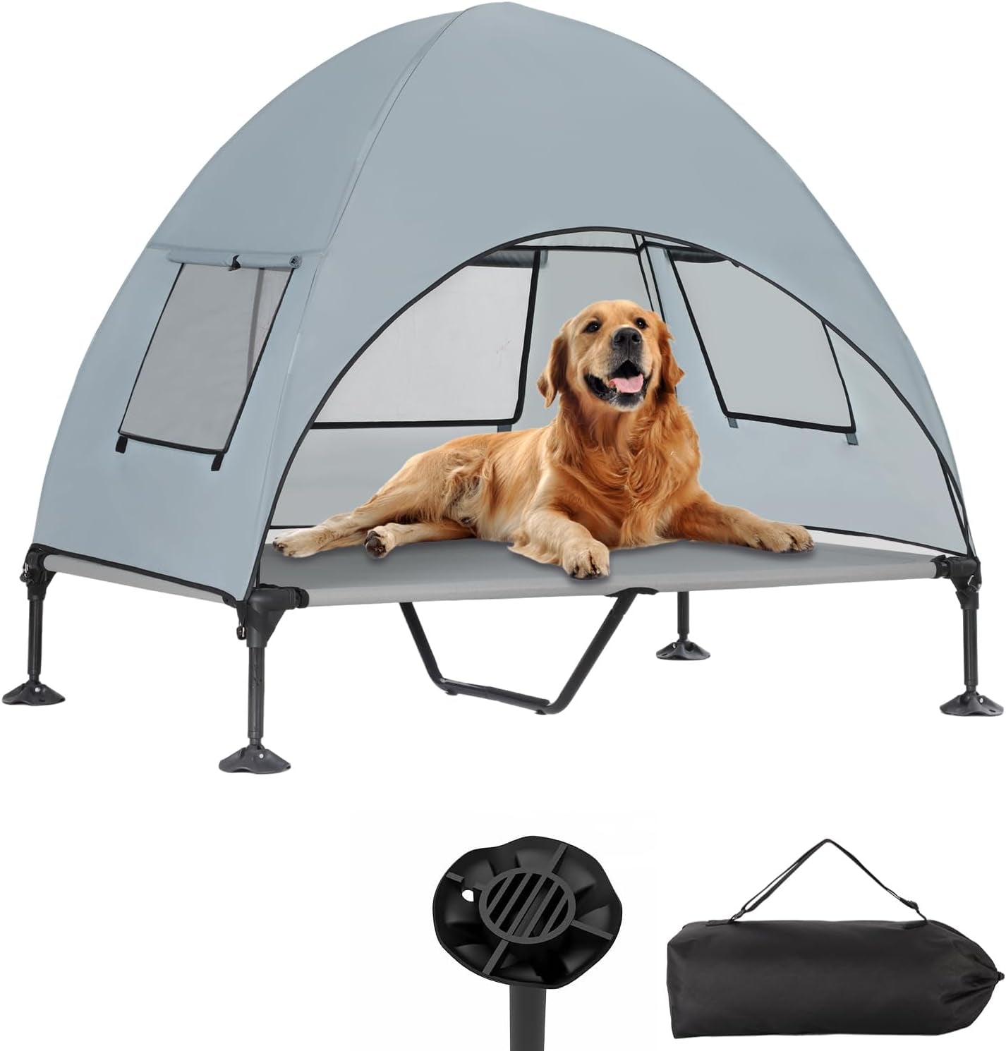 Elevated Outdoor Dog Bed with Canopy, Cooling Raised Dog Cot Bed with Removable Shade, Portable Pet Bed Cot with 360° Adjustable & Non-Slip Feet, Dog Tent Bed for Large Dogs Camping, Indoor & Outdoor