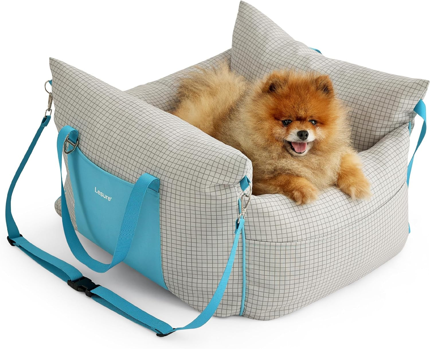 Lesure Small Dog Car Seat for Small Dogs - Sherpa Dog Booster Seat for Car with Storage Pockets and Clip-On Safety Leash and Thickened Memory Foam Filling, Puppy Travel Carrier Bed, Espresso