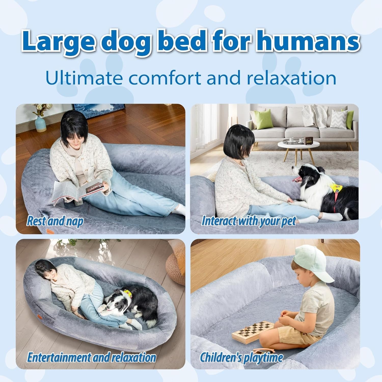 Human Dog Bed for Adult, 76''X43.3''X13.4'' Dog Bed for Humans with Raised Headrest, Washable Gaint Human Size Dog Bed for People Orthopedic Foam Bean Bag Bed