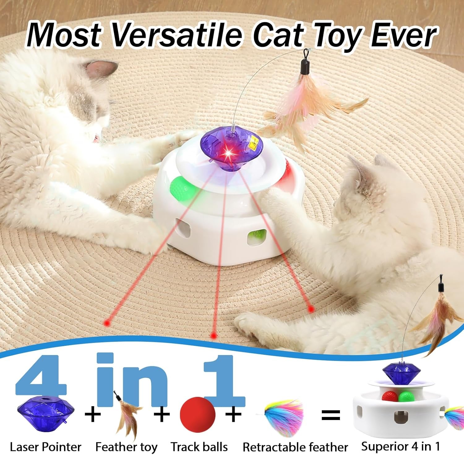 4 In1 Automatic Laser Cat Toy, Interactive Kitten Toy Cat Laser Pointer Toy, Fluttering Butterfly Electronic Cat Toy, Moving Ambush Feather, Track Balls, Cat Interactive Toys for Indoor Cats