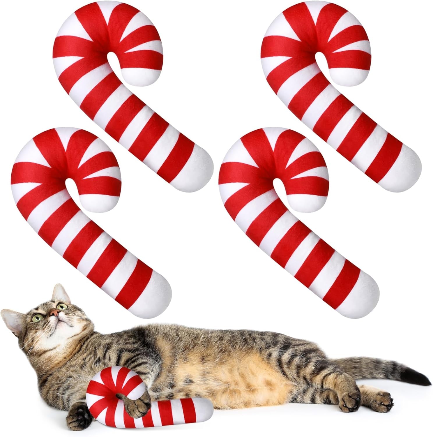 4 Pcs Christmas Catnip Cat Toys Gifts Cat Kicker Toy Peppermint Candy Cane Resistant Cat Toy Catnip Filled Toys for Cat Teeth Chew Durable Cat Pillow Gift for Indoor Cat Kitten 8 Inch