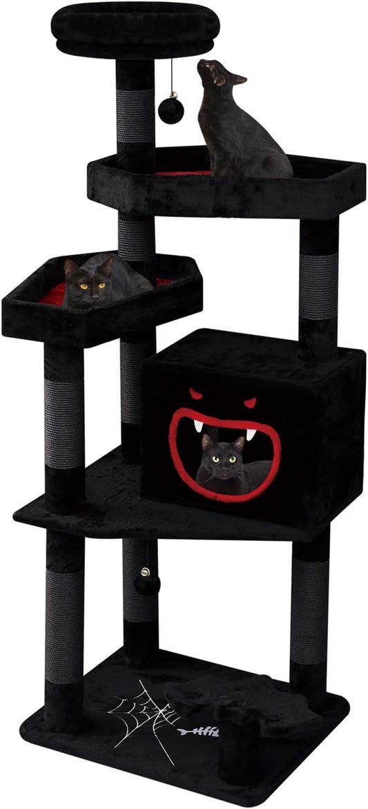 Gothic Cat Tree with Coffin Bed，62.5" Black Cat Tower with Spacious Demon Styled Cat Condo，Cozy Plush Perch, Scratching Posts，Hanging Ball，Multi-Level Cat Activities Furniture for Large Cats