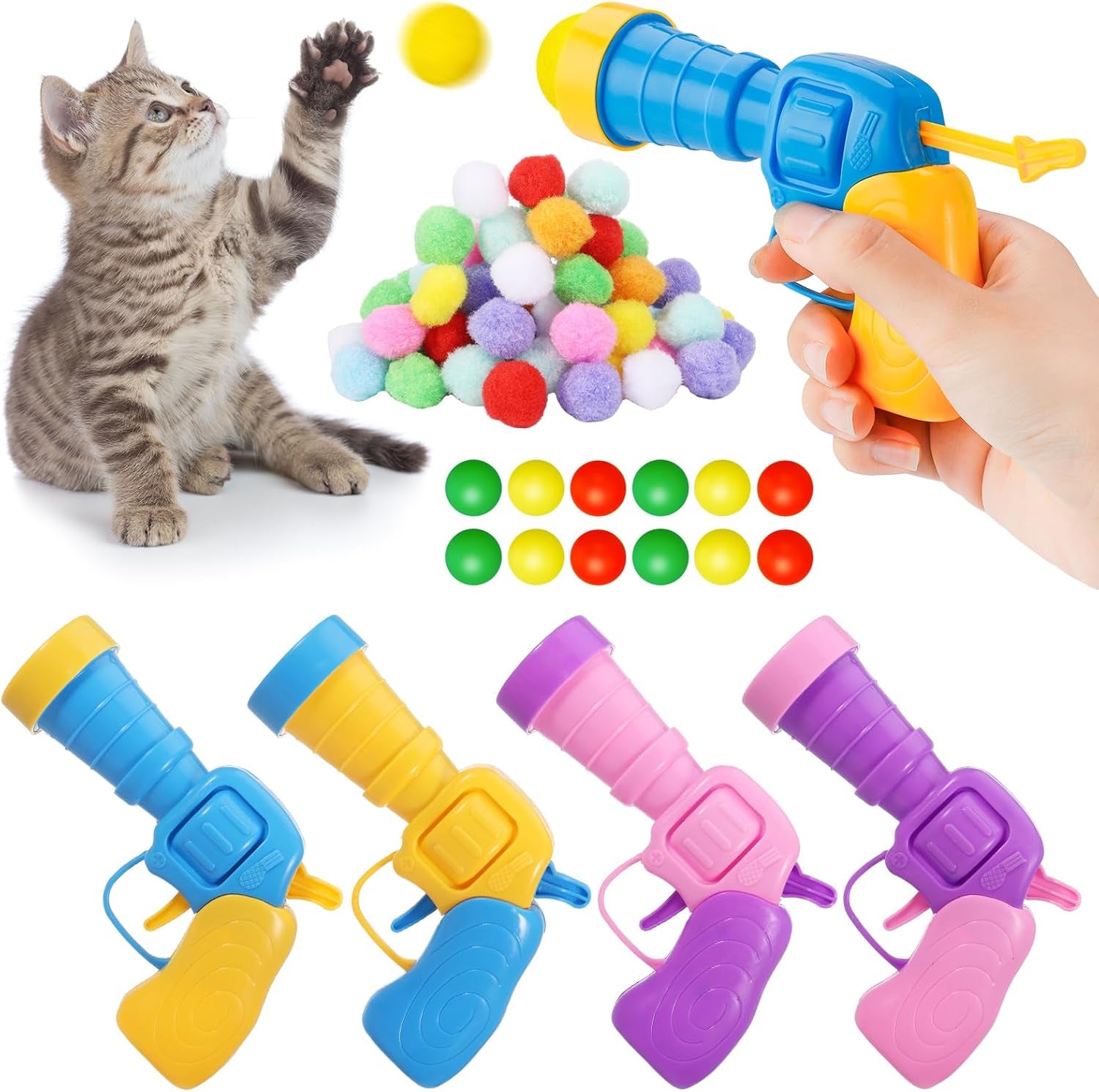 4 Pack Cat Plush Ball Launcher,Interactive Cat Toy with 12 Pcs Ping Pong Balls and 100 Pcs Plush Balls,Boredom Relief Silent Interactive Artifact Pet Supplies Suitable for Kittens,Dogs