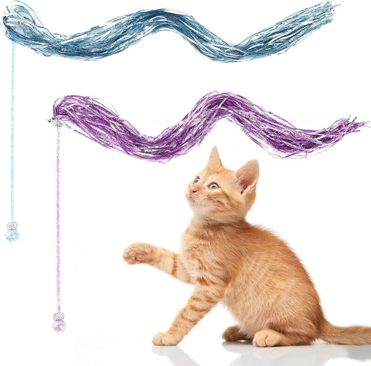 2PCS Cat Wand Toy, Interactive Cat Toy with Shiny Tassel and Loud Jingle Bell, Crystal Beaded Crown Cat Feather Replacements for Indoor Cats Kitten Play Chase Exercise, 26 Inch Long