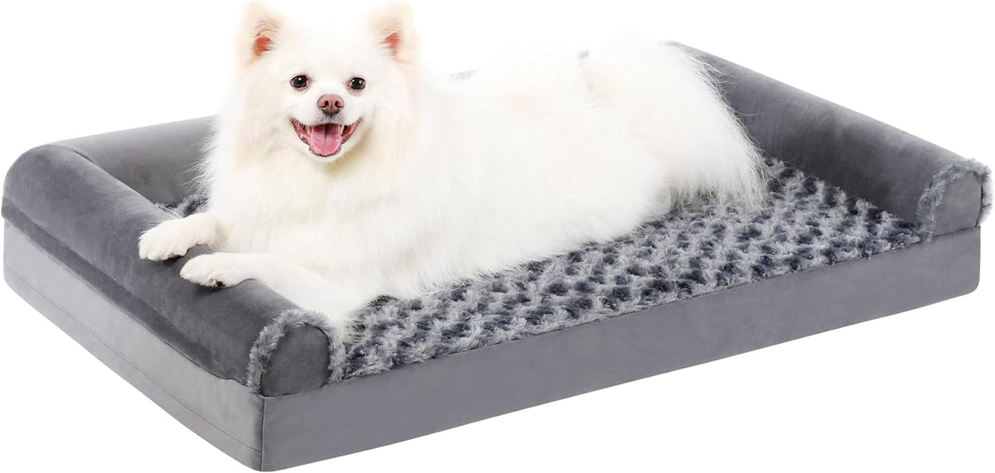 MIHIKK Orthopedic Dog Bed for Extra Large Dogs - XL Pet Sofa Bed with Removable Washable Cover, Waterproof Lining, Nonskid Bottom, Foam Dog Couch Bed with Sides Bolster, Grey 41X27X7 Inch