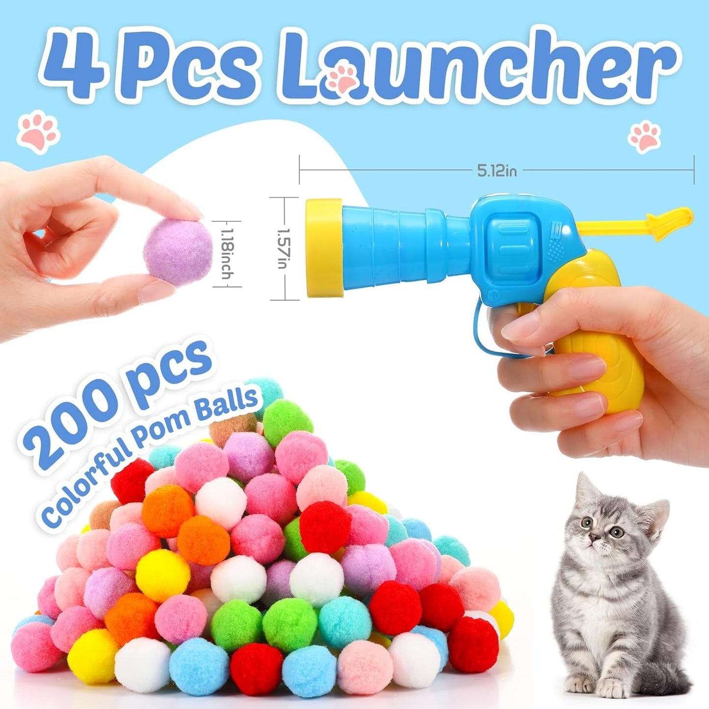 4 Pcs Cat Toys Balls Launcher with 200 Cat Pom Pom Balls Colorful and Soft Plush Ball Shooting Gun Cat Toy Interactive Cat Plush Balls for Indoor Cats Training and Playing