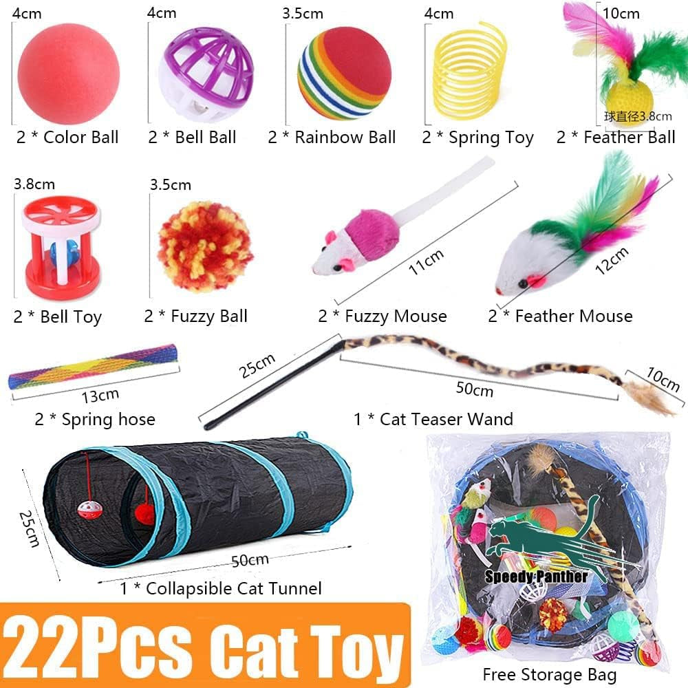 22 Pcs Cat Toys for Indoor Cats Kitten, Cat Tunnel Mouse Toy, Kitten Toys Cat Feather Teaser Wand Spring Toy