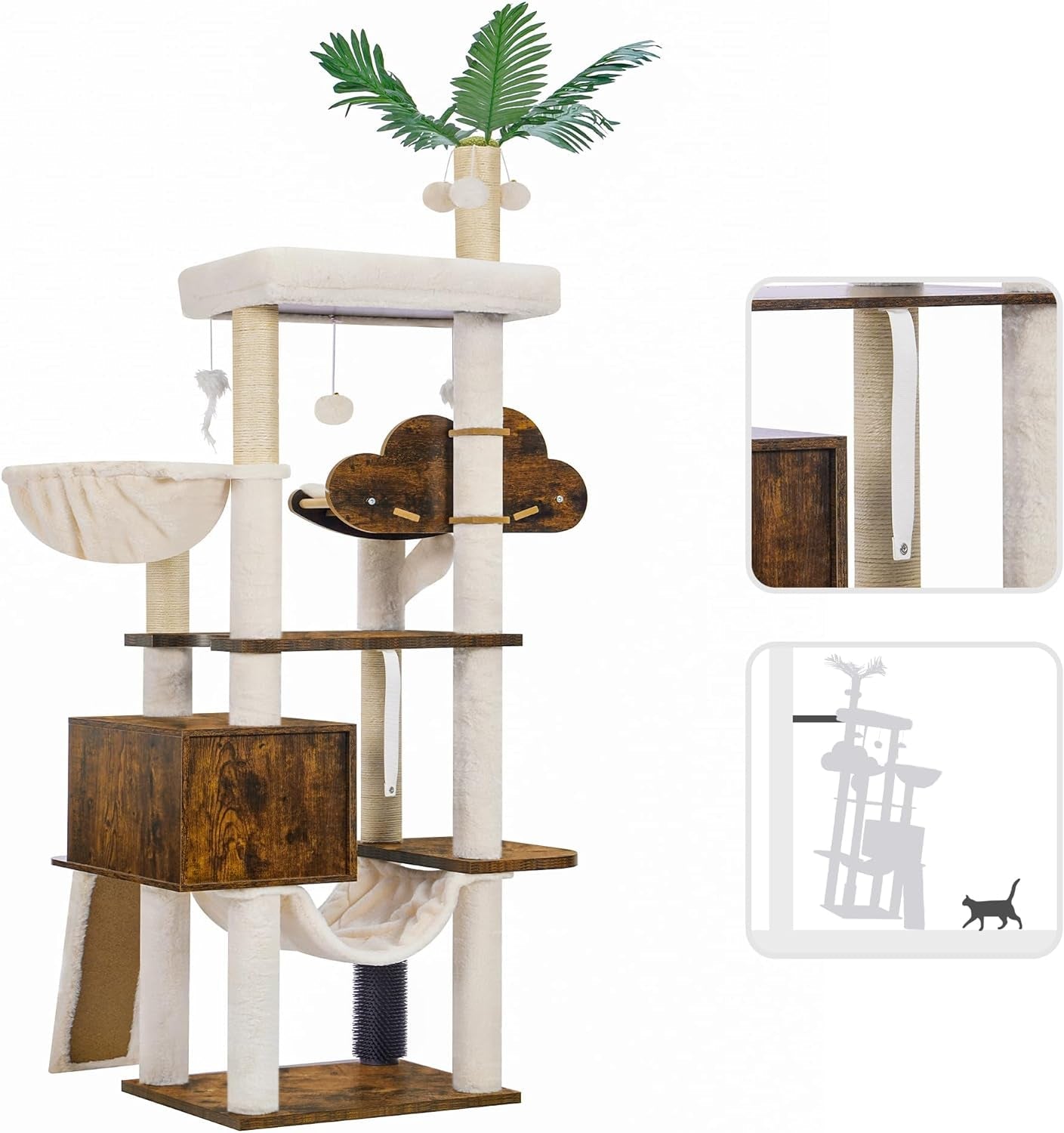 Hebly Wood Cat Tree for Indoor Cats, Cat Condo for Large Cats with Self Groomer,Modern Cat Scratching Tower with Basket,Hammock,Dangling Ball and Leaves,Rustic Brown HCT120SR