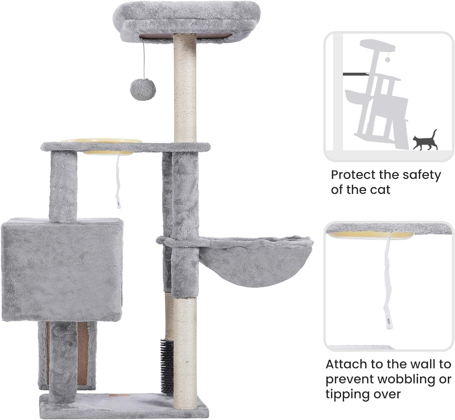 Heybly Cat Tree with Cat Self Groomer Brush, Cat Tower Condo for Indoor Cats with Padded Plush Perch,Feeding Bowl,Cat House with Basket Scratching Board Post, Light Gray HCT005SW