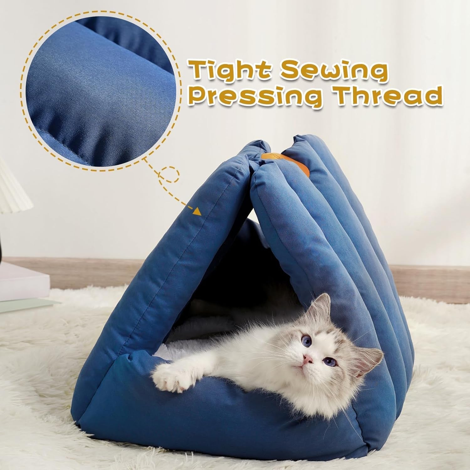 Cat Bed, Dual-Use Cat House, Cozy Enclosed Cat Tent with Cover, Hooded Cat Hut with Fluffy Removable Plush Cushion, Washable Pet Bed, Small Dogs, Puppy, Kitten, Rabbit, Warm for Winter, Blue