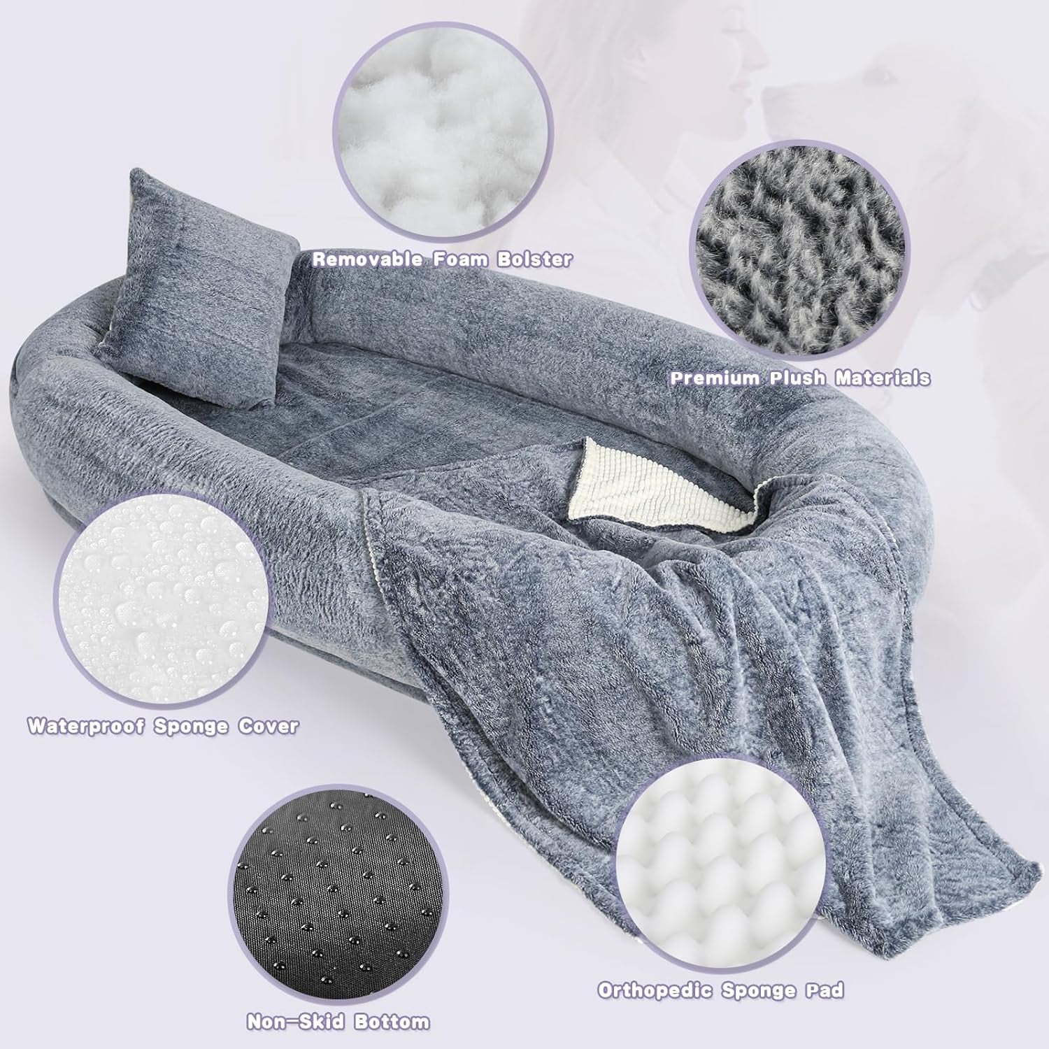 Human Dog Bed, Giant Dog Bed for Humans with Washable Faux Fur, Adult Size Napping Dog Bed for Humans, Kids, and Pets, Presented with Plump Pillows&Blanket- Grey