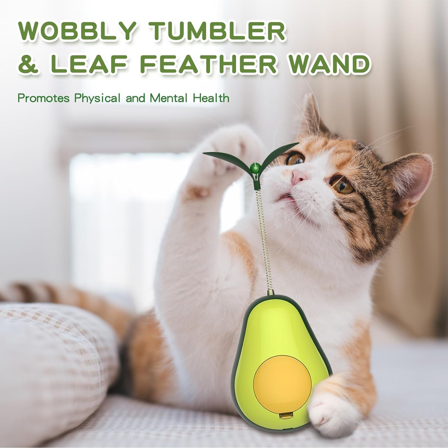 3-In-1 Interactive Cat Toys for Indoor Cats, Catnip Toys for Cats with Feather Cat Toy Wand & Cat Treat Dispenser, Tumbler Avocado Cat Puzzle Feeder, Funny Kitten Toys