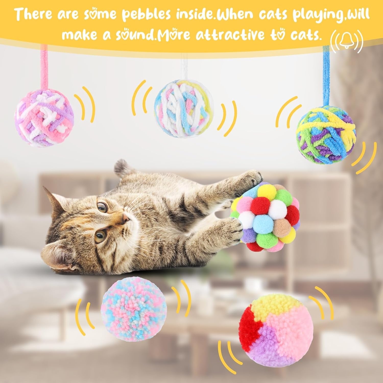 12 Pack Ferret Toys Ball Set,Yarn Balls for Cats Rainbow Cat Toy Balls, Colorful Woolen Yarn Ferret Balls Cat Pom Pom Balls Interactive Sound Toy for Ferret Cat Kittens(2/2.2/2.4Inch)