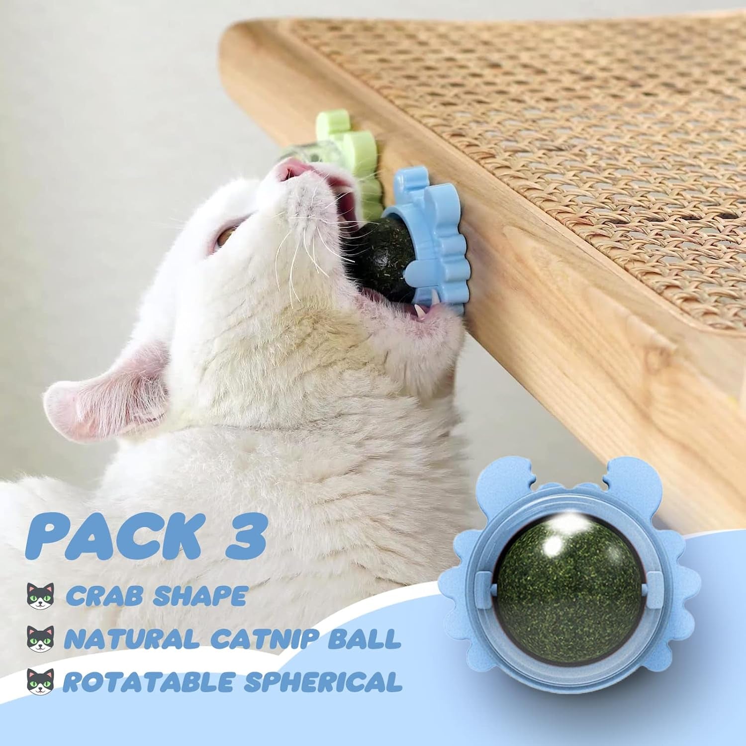 3 Pack Catnip Ball Toys, Squash Edible Cat Nips Organic Balls, Catnip Ball Wall Mount, Crab Avocado Catnip Cat Toy for Cats Kittens Lick, Teeth Cleaning, Natural Effective Engaging Play (Blue)