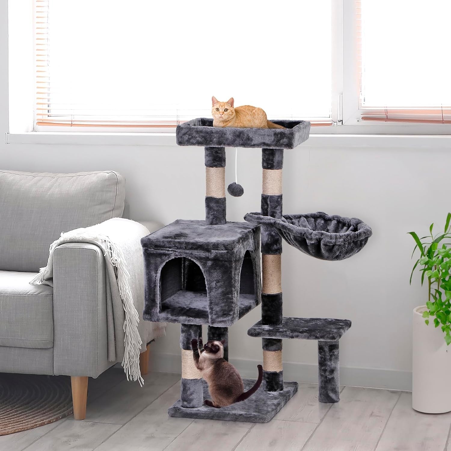 35.5 Inch Cat Tree for Indoor Cats, Multi-Level Cat Condo Tower with Large Top Perch, Hammock and Scratching Posts, Dark Grey