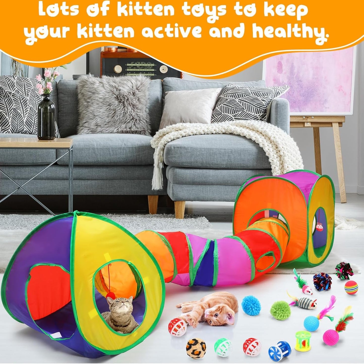 21 Pcs Cat Tunnels for Indoor Set, 3 In1 Collapsible Cat Tunnel Toy with Cube Tent Toys Combo and 20 Pcs Interactive Kitty Toys Cat Feather Toy Fluffy Mouse Crinkle Balls for Kitten Puppy