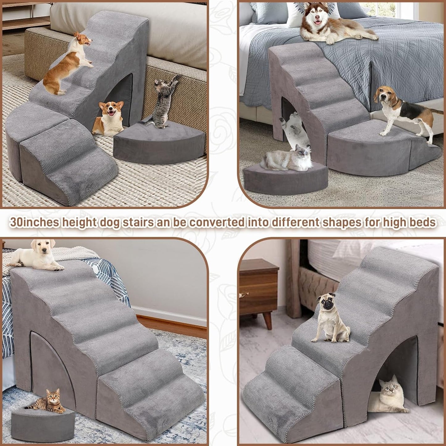 Foam Dog Stairs & Steps Ramps for High Beds 30-36 Inches High Tall, Litail 6 Step Pet Stairs/Steps for High Beds 30 Inch Large Dogs, Non-Slip Dog Ramps for Small Dogs, for Older Dogs/Cats Injured