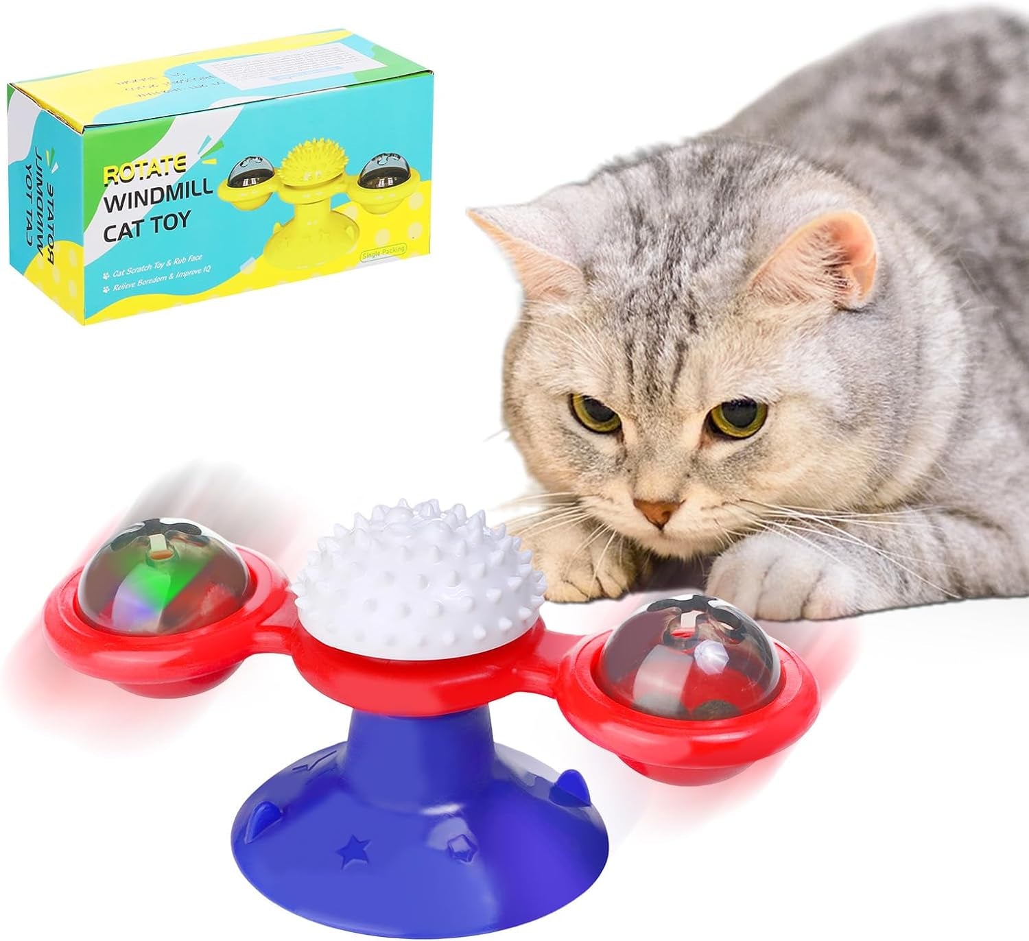 YASUOA Interactive Windmill Cat Toy - Multi-Colored LED Light Catnip Toy with Suction Cup - Funny Kitten Toys for Indoor Cats - Cat Chew Exercise Toy