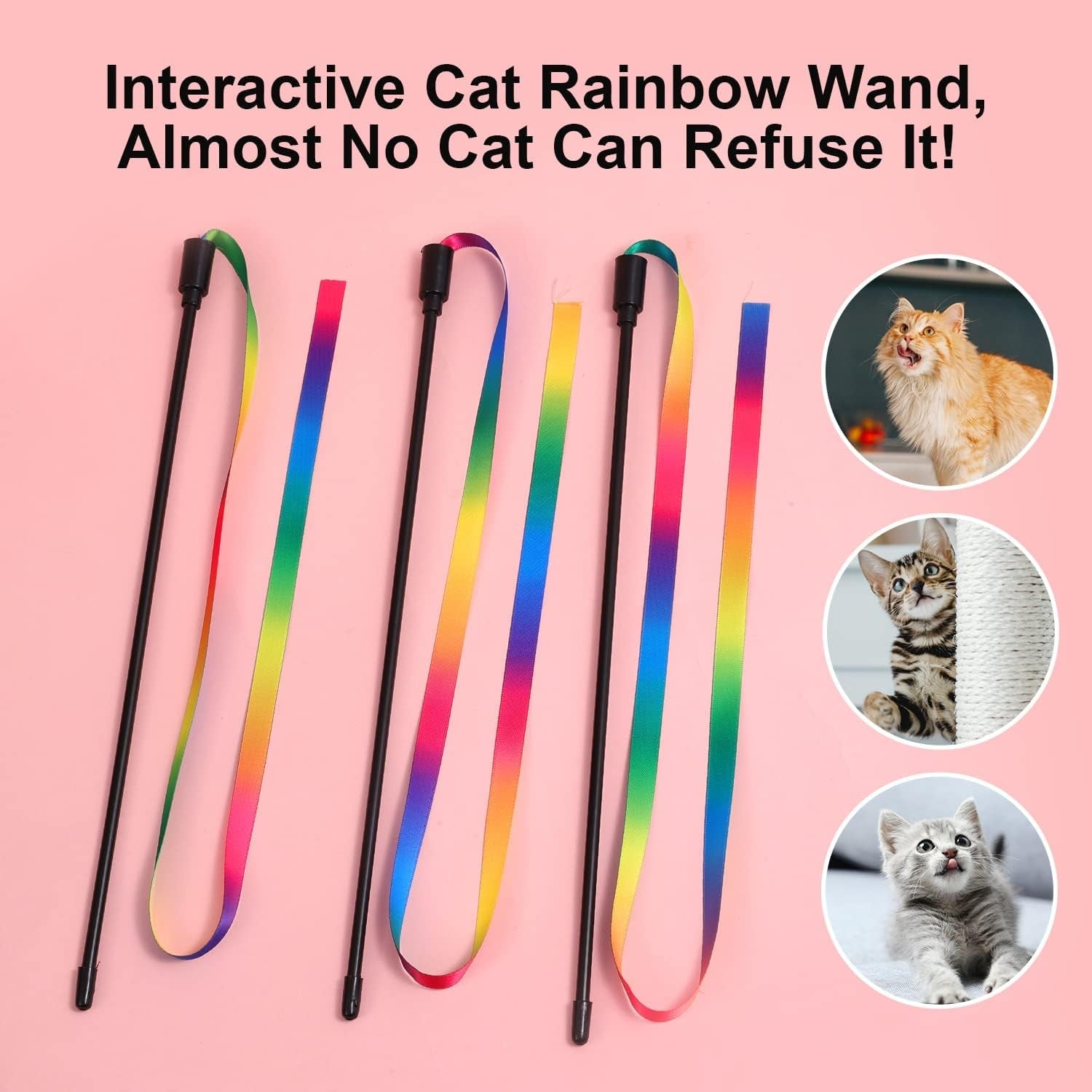 3Pcs Interactive Cat Wand Toys, Rainbow Colorful Cat Wand Toys Colorful Cat Interactive Toys Ribbon String Charmer Stick for Cats Kittens