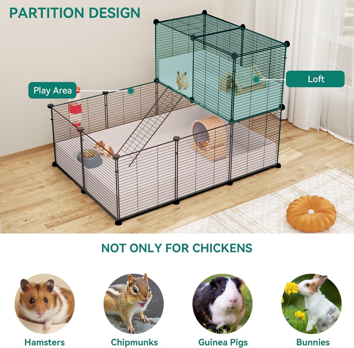 YITAHOME Guinea Pig Cage, Indoor C&C Small Animal Cage with Waterproof Plastic Liner, Loft and Partition for Bunny, Chinchilla and Hamster, Habitat Fence Playpen with 25PCS Pannels