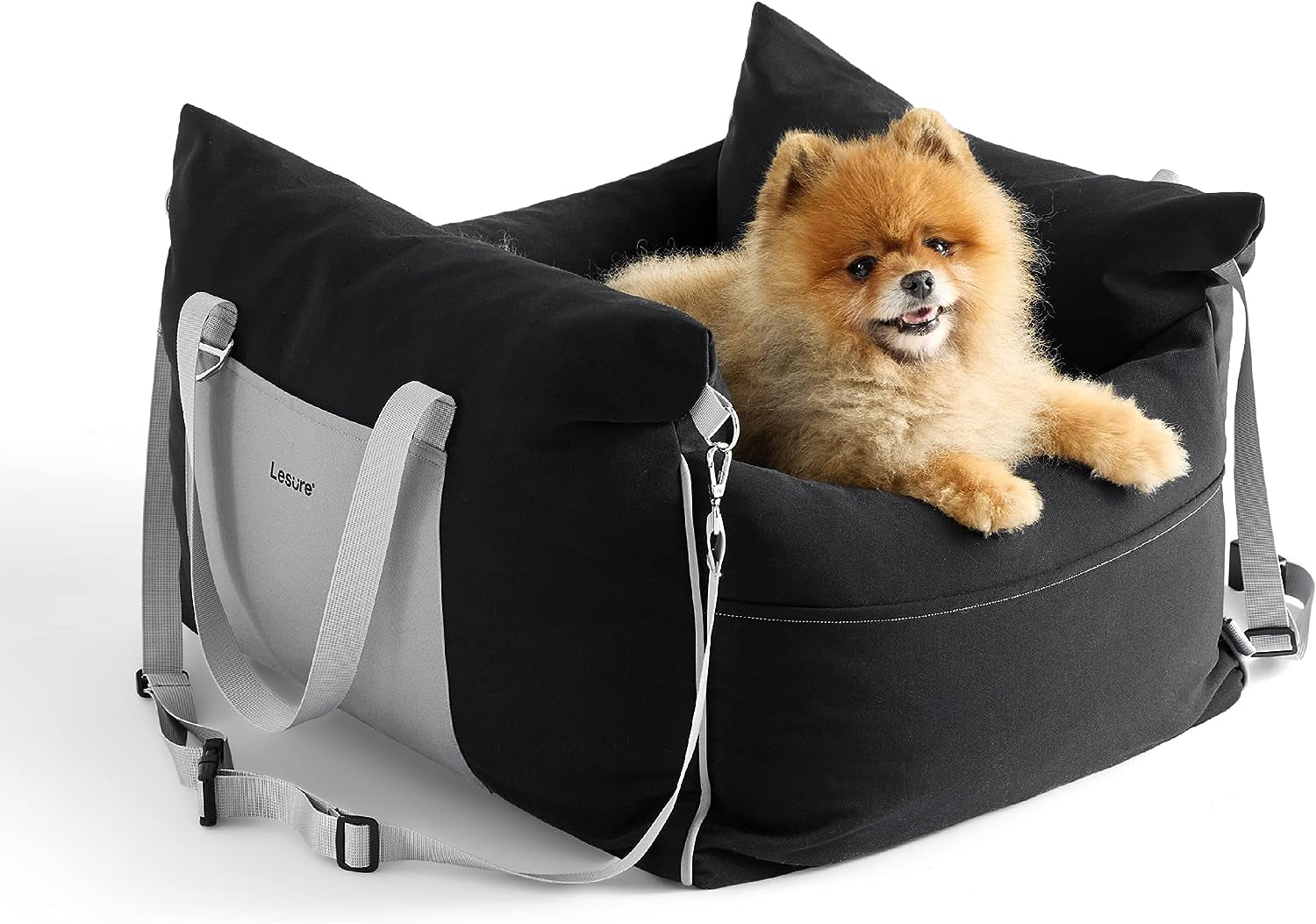 Lesure Small Dog Car Seat for Small Dogs - Sherpa Dog Booster Seat for Car with Storage Pockets and Clip-On Safety Leash and Thickened Memory Foam Filling, Puppy Travel Carrier Bed, Espresso