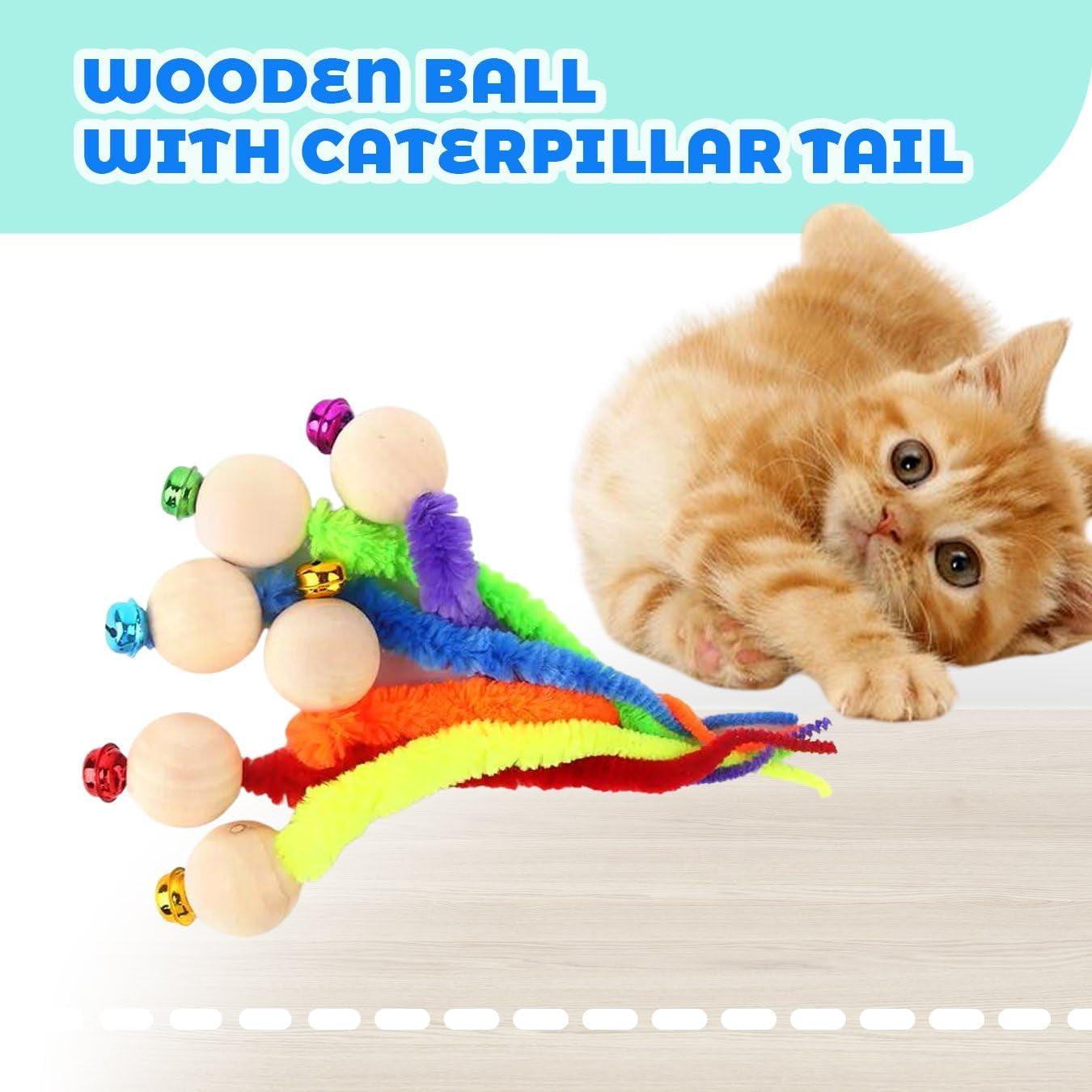 3 PCS of Cute and Soft Pet Interactive Toys Featuring a Wooden Ball | Colorful Caterpillar Beads and a Snake Tail with a Bell, Perfect for Entertaining Your Cat