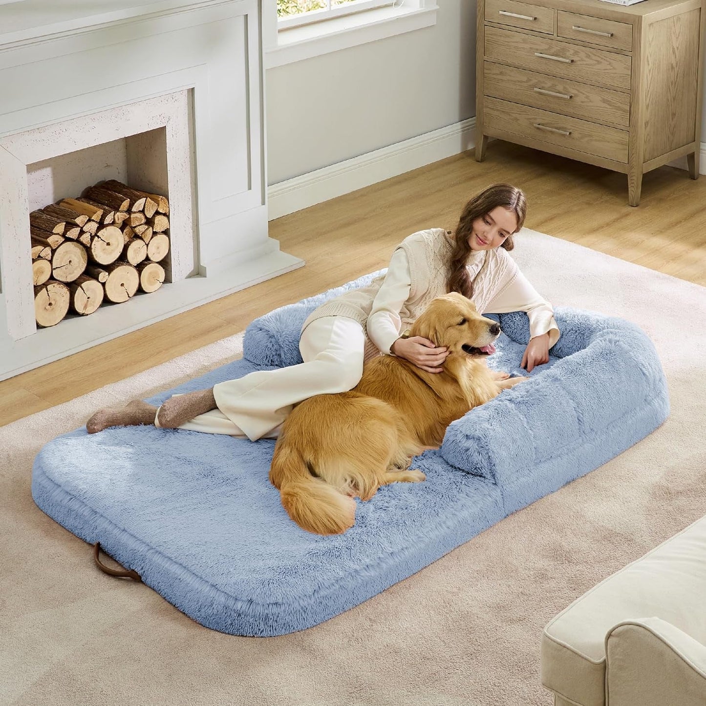 Bedsure Foldable Human Dog Bed for People Adults, 2 in 1 Calming Human Size Giant Dog Bed Fits Pet Families with Egg Foam Supportive Mat and Waterproof Liner, Faux Fur Orthopedic Dog Sofa, Camel