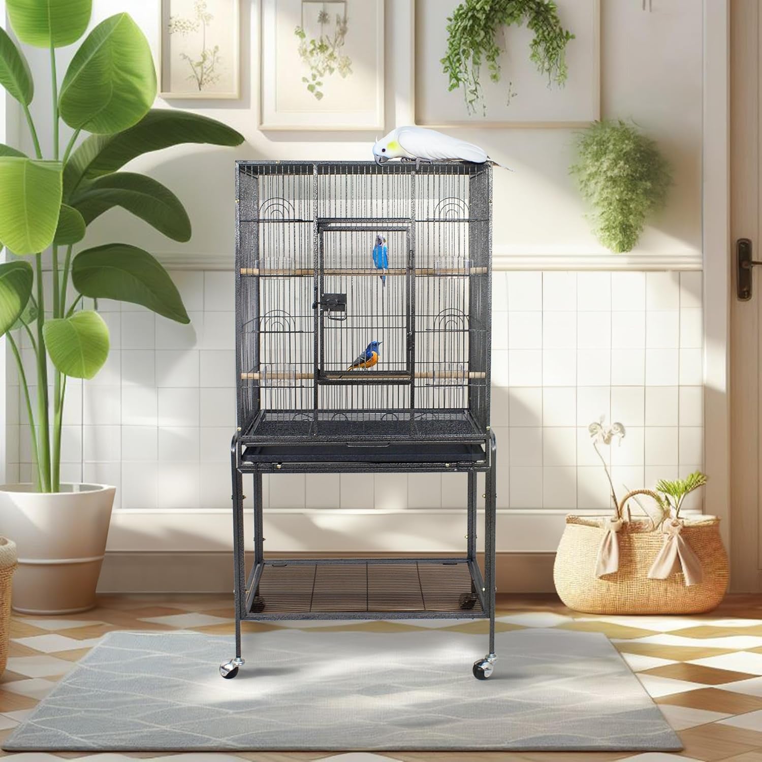 ZENY 53-Inch Bird Flight Cage, Wrought Iron Standing Large with Rolling Stand for Cockatiels Pet Parrot Parakeet Lovebird Canary Finch (Black)