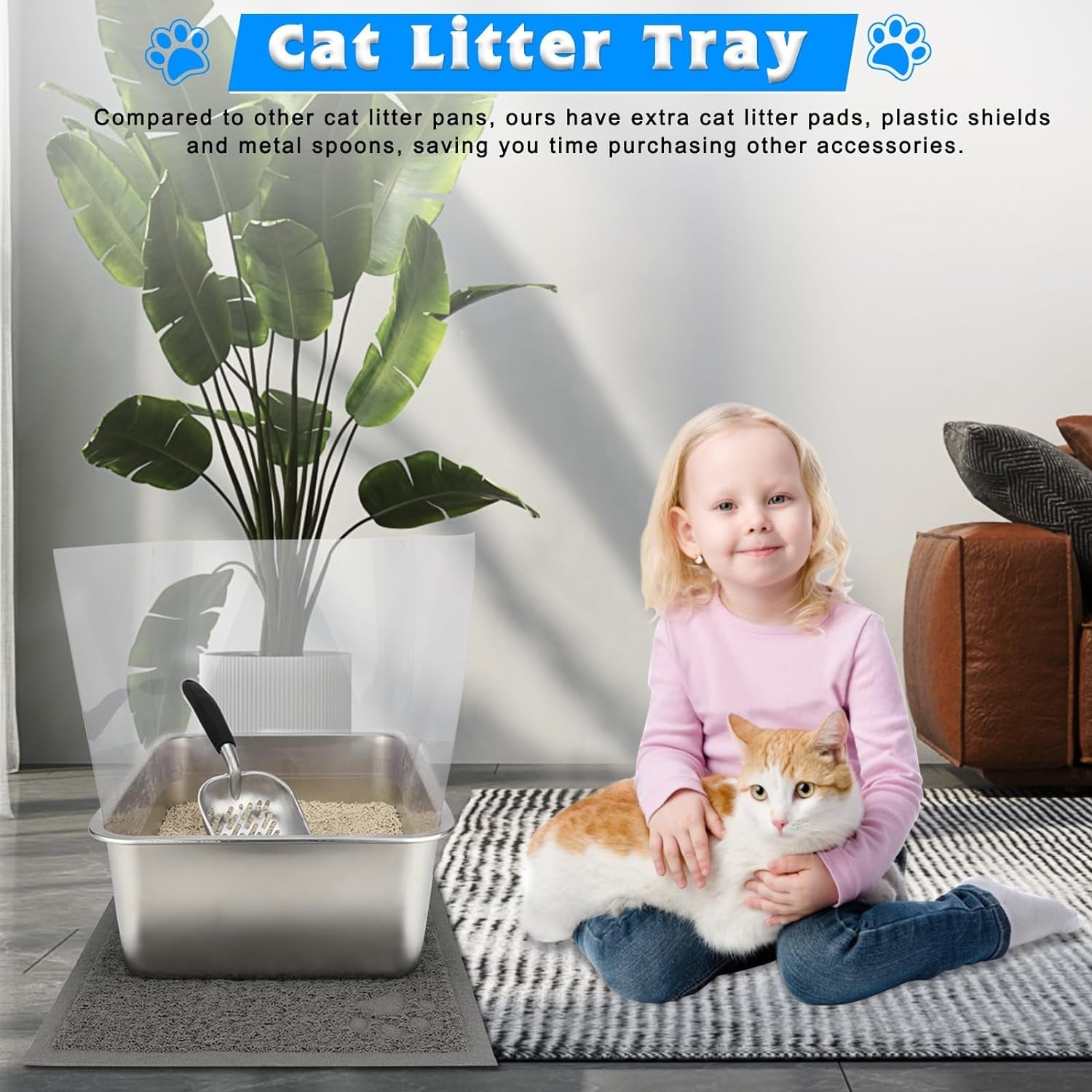 YUEPET 1 Set Stainless Steel Cat Litter Box with High Sides, Durable Metal Cat Litter Basin Pan Easy to Clean Cat Litter Tray for Odor Control with Cat Litter Scoops Cat Litter Mats 17.5"X13.6"X6"