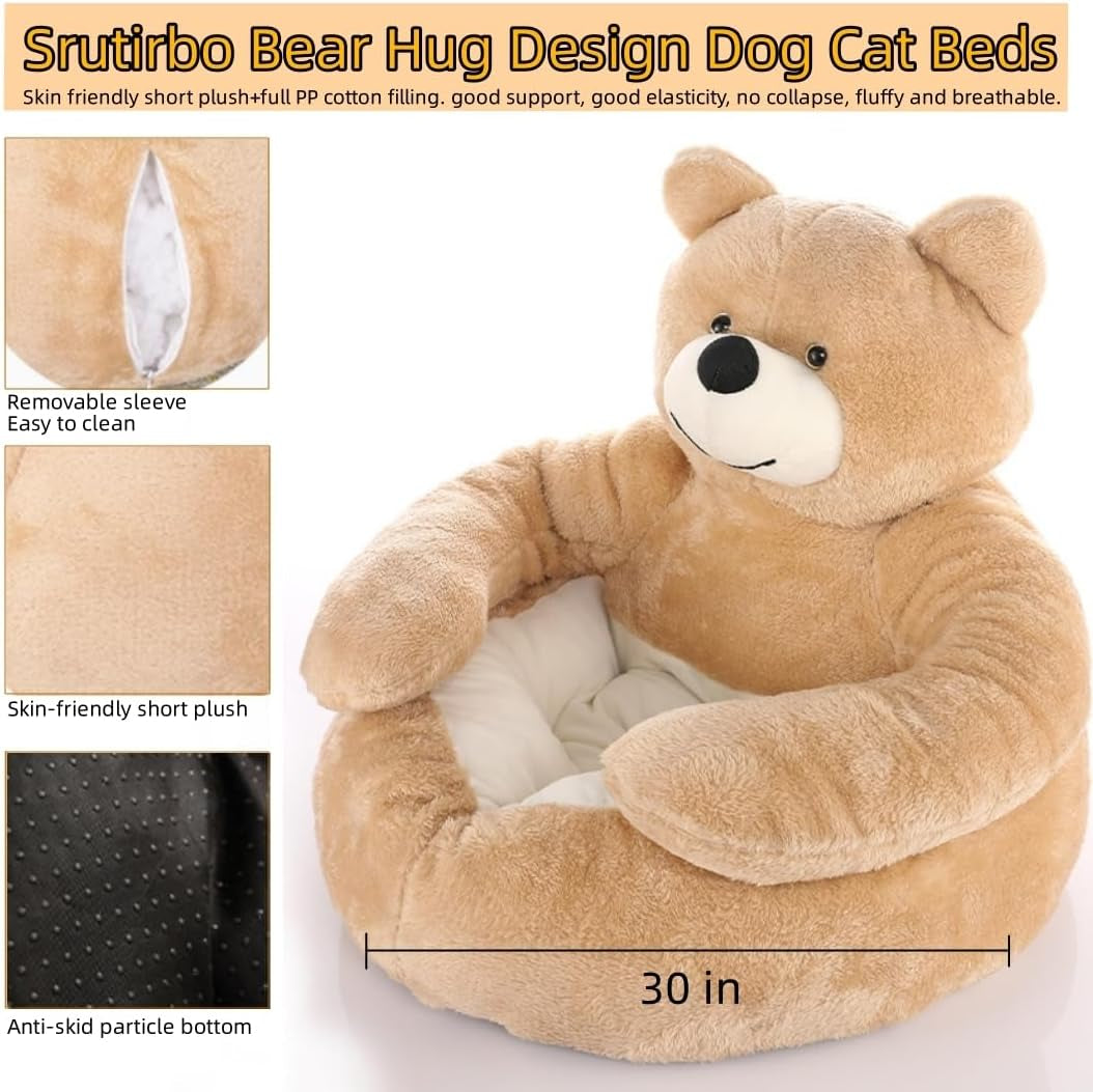 Cute Bear Hug Design Dog Cat Beds Plush Pet Beds Cuddler, Warm Soft Calming Dog Beds with Removable Washable Cover Non-Slip Bottom (Diameter 30 In, Khaki)