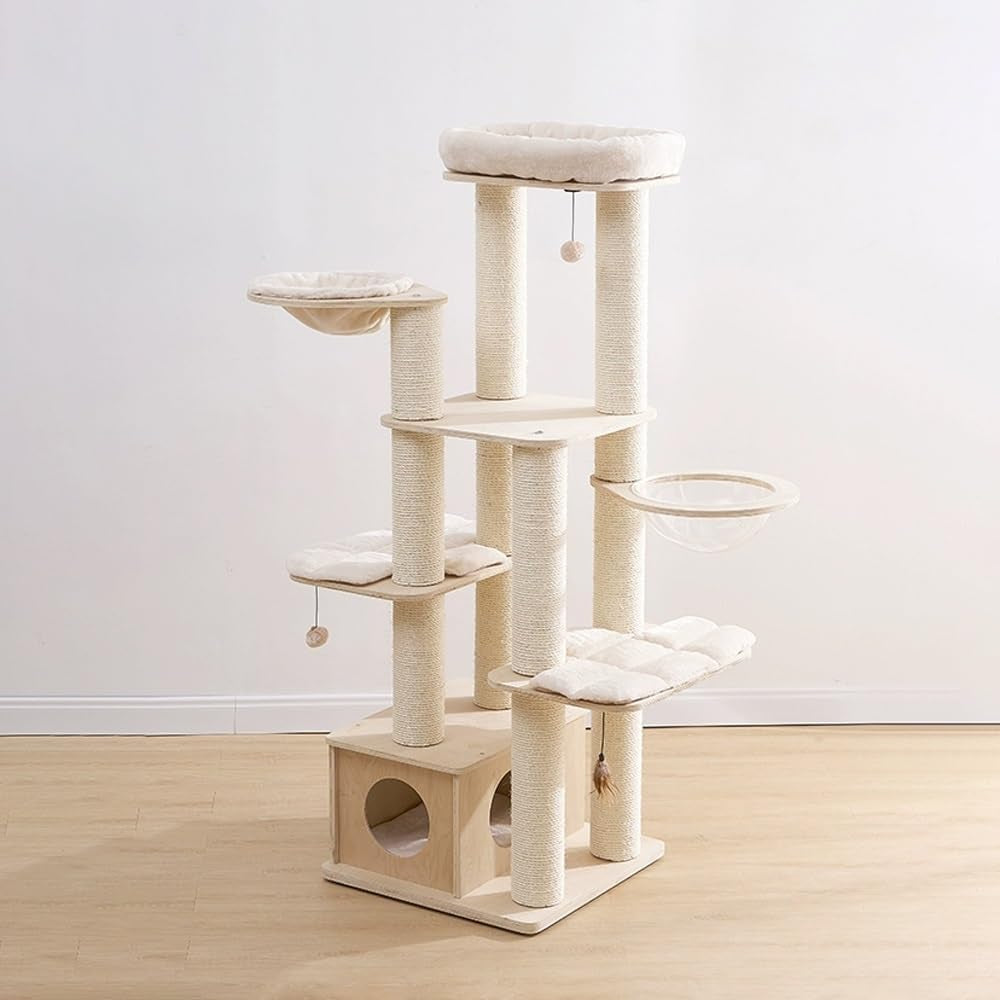 Modern Wood Cat Tree with Interactive Toys Hanging Ball, 65-Inch Cat Tower with Multi-Layer Platform & Condo, Tall Cat Tree with Sisal Rope Scratching Posts, Cat Condo Furniture W/Washable Plush Cushi