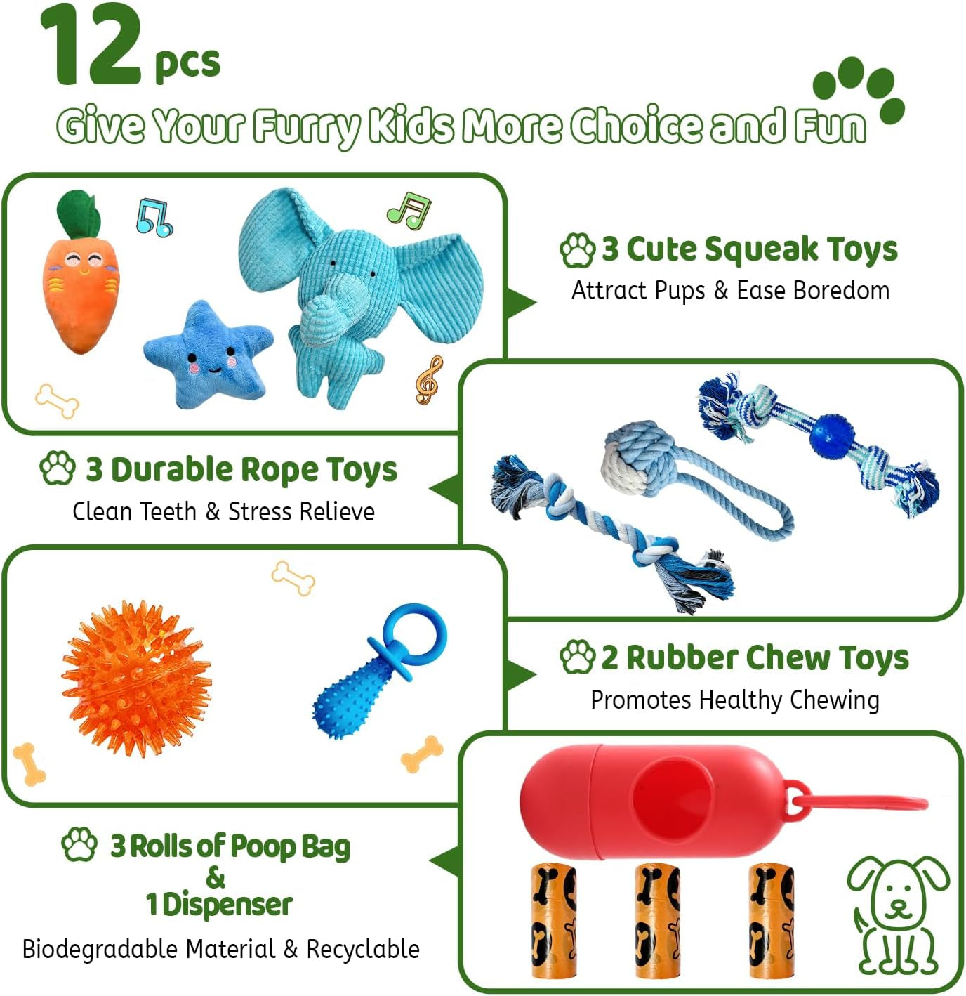 12 Dog Toys Pack of Variety Puppy Teething Toys to Keep Them Busy, Dog Gifes Box by Safe Material