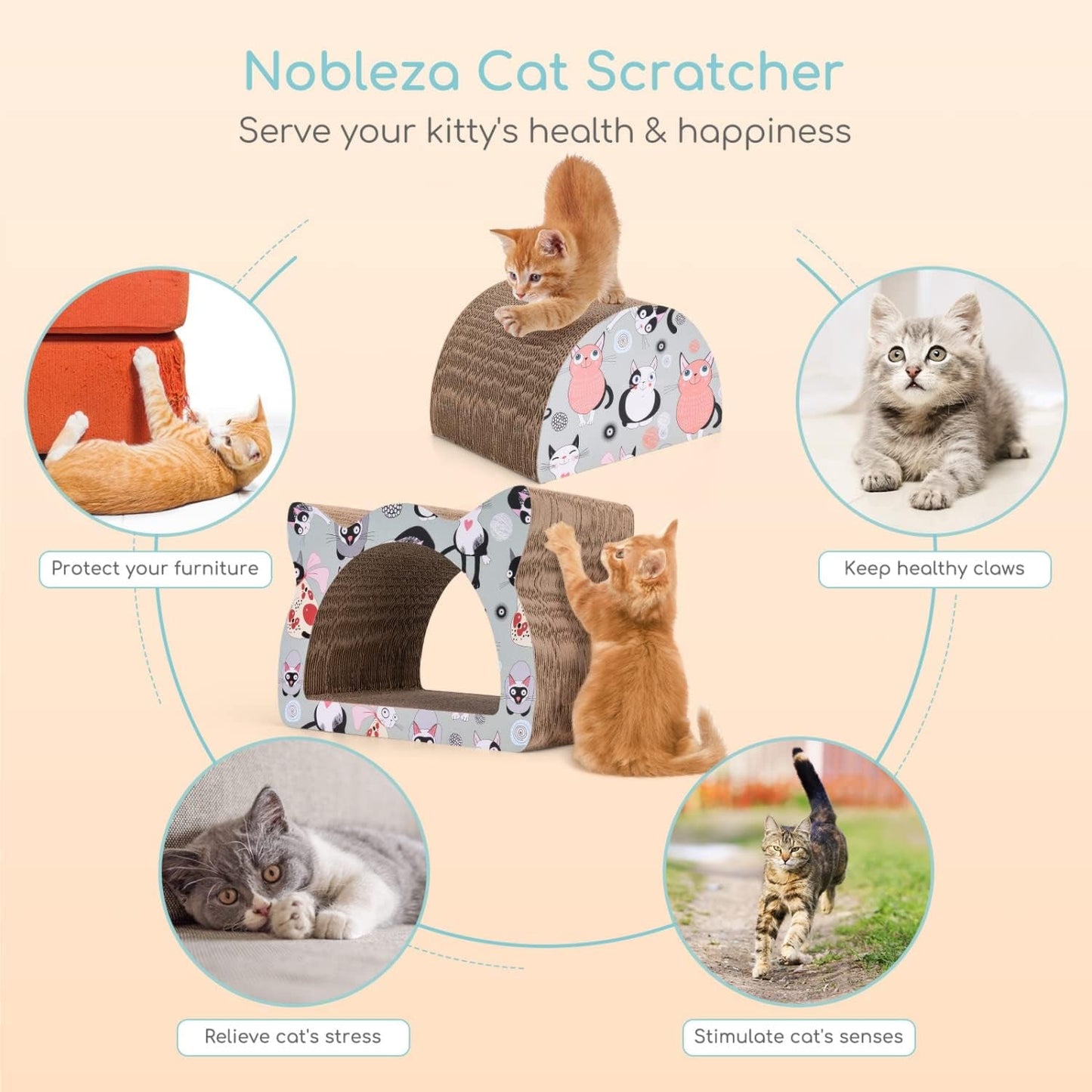 Nobleza Cat Scratcher Cardboard, 2 in 1 Reversible Scratching Pad, Recyclable Corrugated Scratch Toy with Cat-Head Shape, Cat Scratch Lounge for Furniture Protection