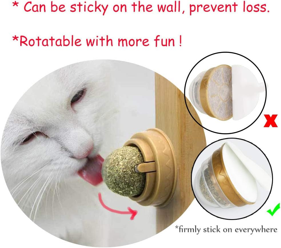 2 Pcs Catnip Balls, Pure Natural Mint Leaf Rotating Interactive Cat Toys, Cat Removal Hairball Toys Can Be Sticky on Wall, Teeth Cleaning Catmint Toy for Cat, Kitten, Kitty Playing Chewing