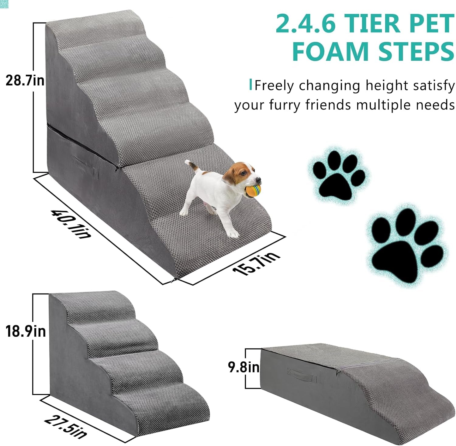 Dog Stairs/Dog Steps for High Beds 30-36 Inches Tall, Foam 6 Tier Pet Stairs/Steps for High Beds Small Large Dogs, Non-Slip Dog Ramps for Small Dogs, Older Dogs/Cats Injured, Grey