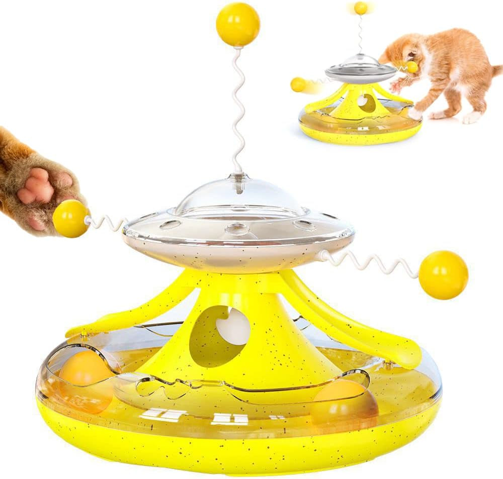 3 in 1 Interactive Cat Toys Balls Cat Fidget Spinner Treat Toys Windmill Cat Food Dispenser Toys Cat Slow Feeder Dry Food Cat Teaser Wand for Indoor Cats