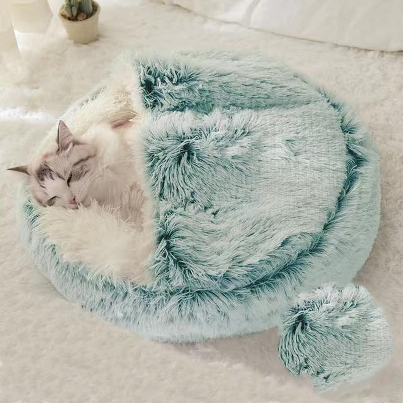 Fluffy Hooded round Cat Bed Cave with Hooded Blanket for Indoor Cats, Dog Beds for Small Dogs, Anti-Anxiety, Cozy Cuddler Luxury Puppy Bed, Anti-Slip Bottom and Machine Washable