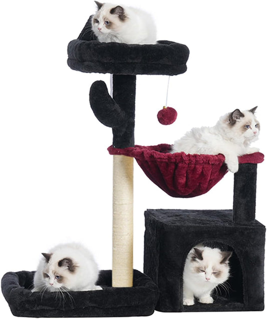 Gothic Cat Tree, Cat Tower with Condo, Basket, Large Bed, Platform, Cat Scratching Posts for Indoor Cats, Black and Red GCT001SBR