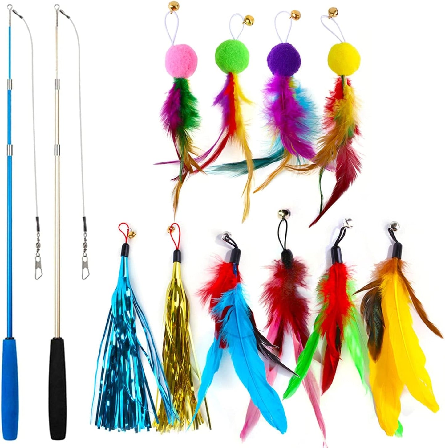 12Pcs/Set Cat Wand Toy Retractable Stress Relief Exercise Toy Cat Chasing Toy with 10 Feather Tassel Replacement for Indoor - Multicolor