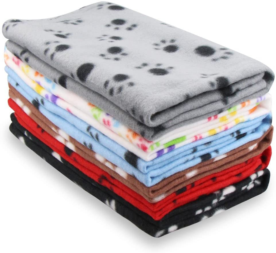 EAGMAK Cute Dog Cat Fleece Blankets with Paw Prints for Kitten Puppy and Small Animals Pack of 6 (Black, Brown, Blue, Grey, Red and White)